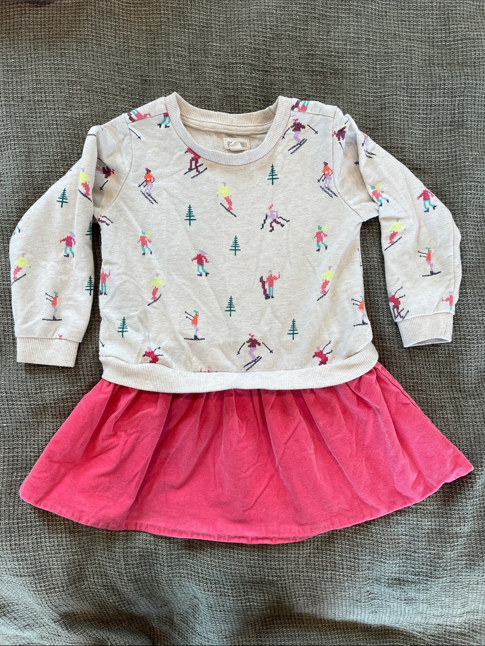 Girls Ski Print Sweatshirt Dress with Pink Skirt